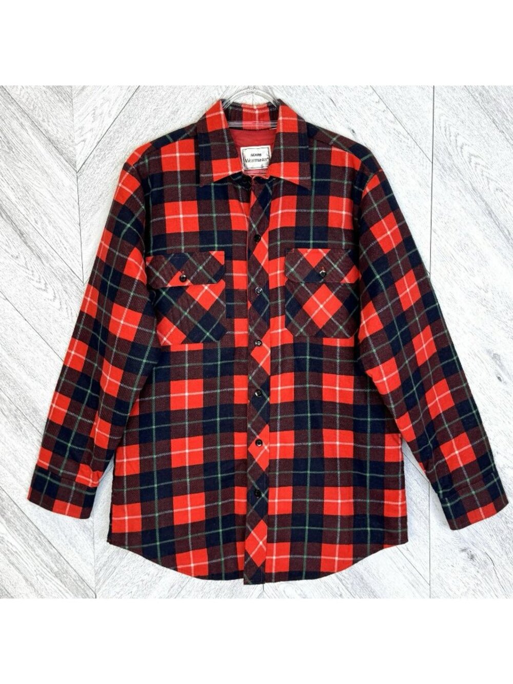 Vintage Sears Wearmaster  Flannel Jacket Shacket Mens Medium Red Plaid Quilted